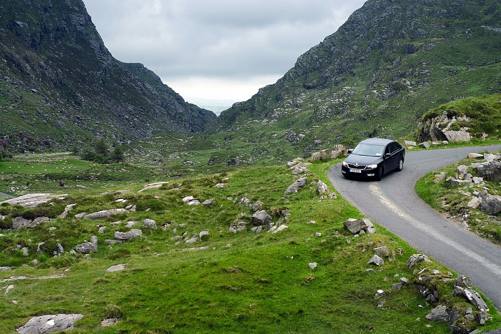 Car driving through Black Valley in Killarney National Park, Ireland