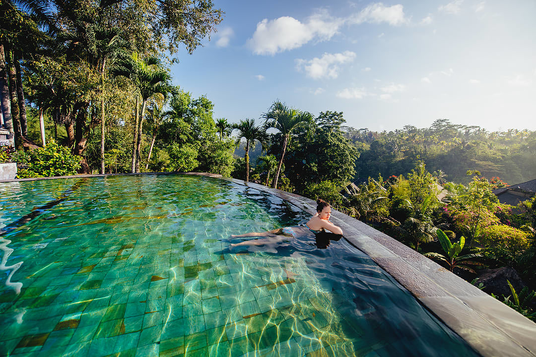 Luxury hotel in the tropical rainforest of Bali, Indonesia.