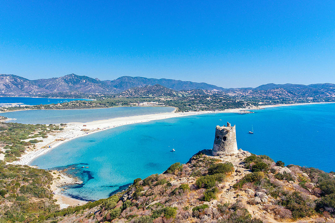 Porto Giunco beach and tower in Villasimius, Sardinia