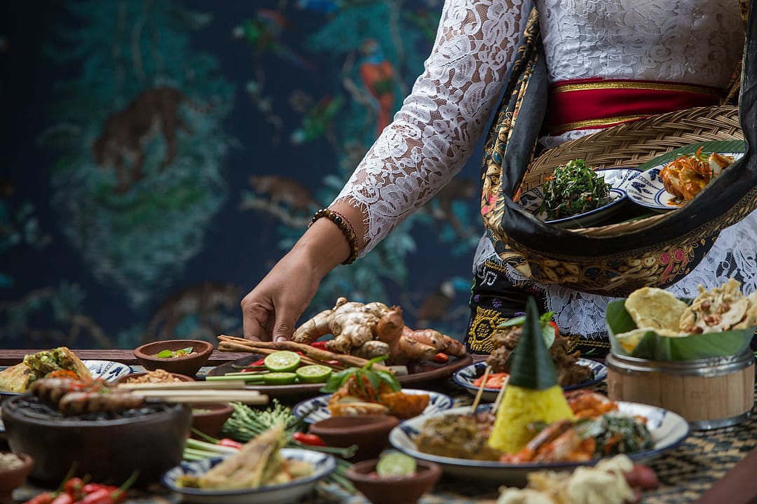 Traditional Balinese dishes beautifully arranged for a cultural feast in Ubud.
