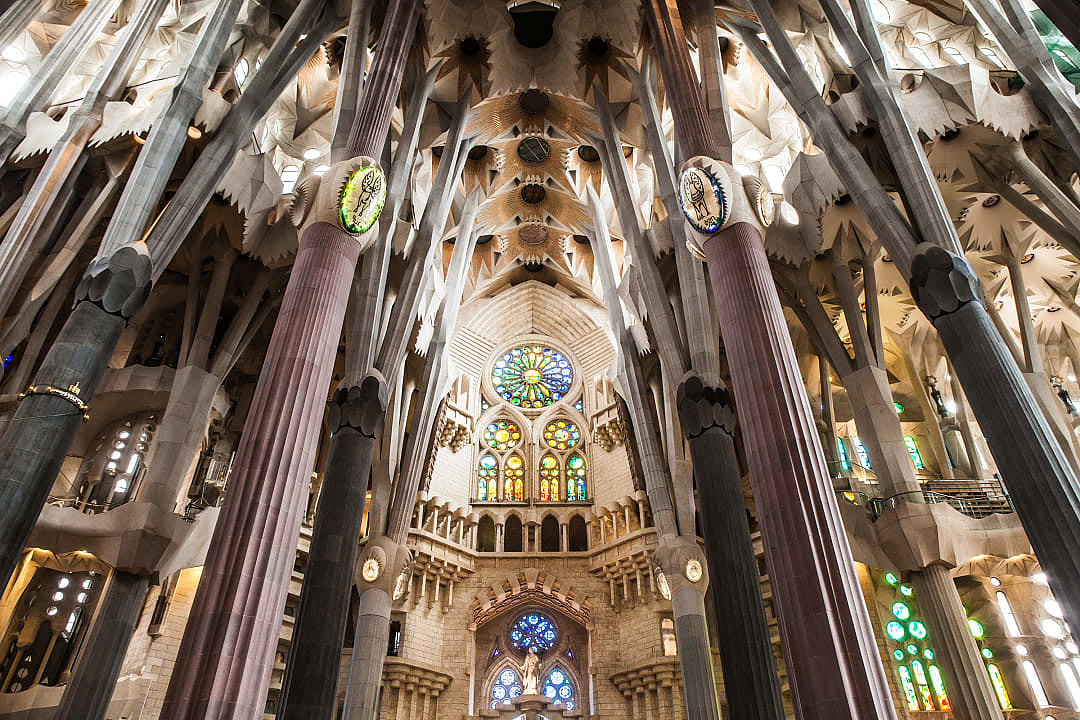 Architectural interior of Sagrada Familia by Antoni Gaudi in Barcelona, Spain