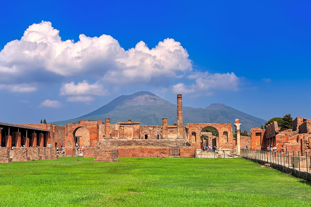 Pompeii excavation site with Mount Vesuvius in the background, near Naples