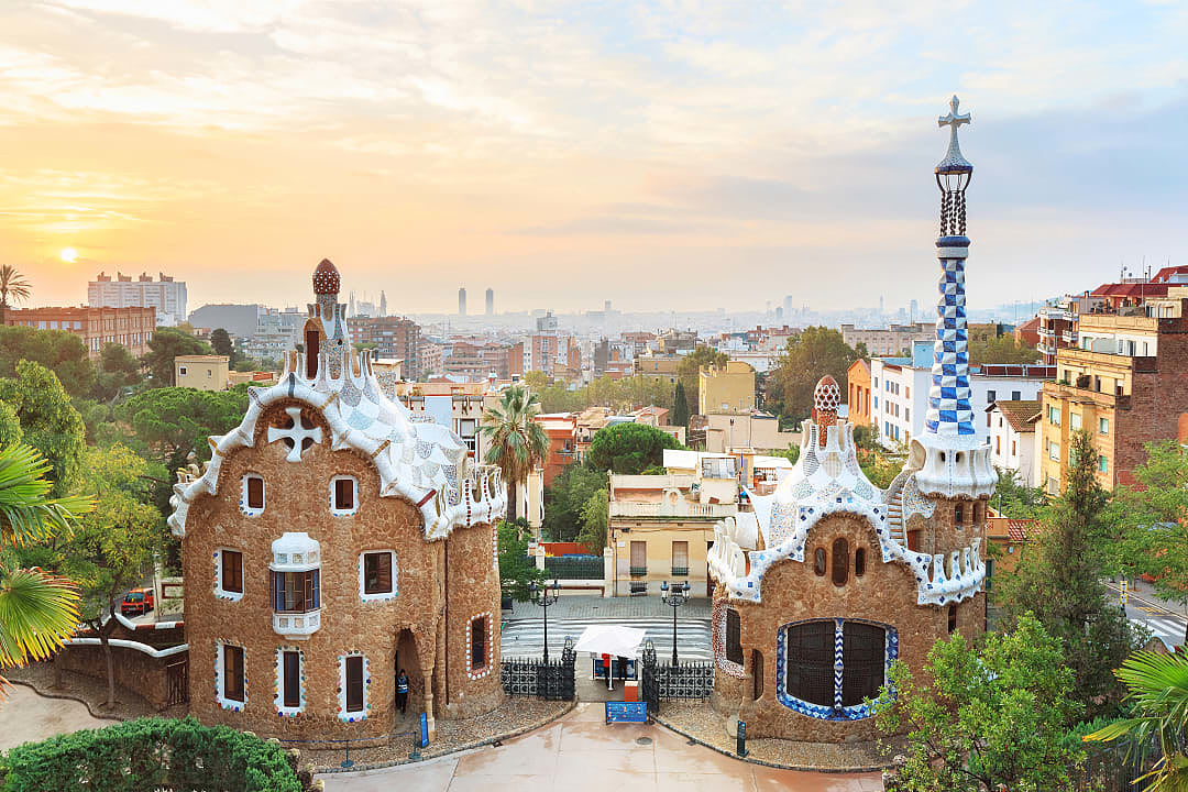 Park Guell at sunset in Barcelona, Spain