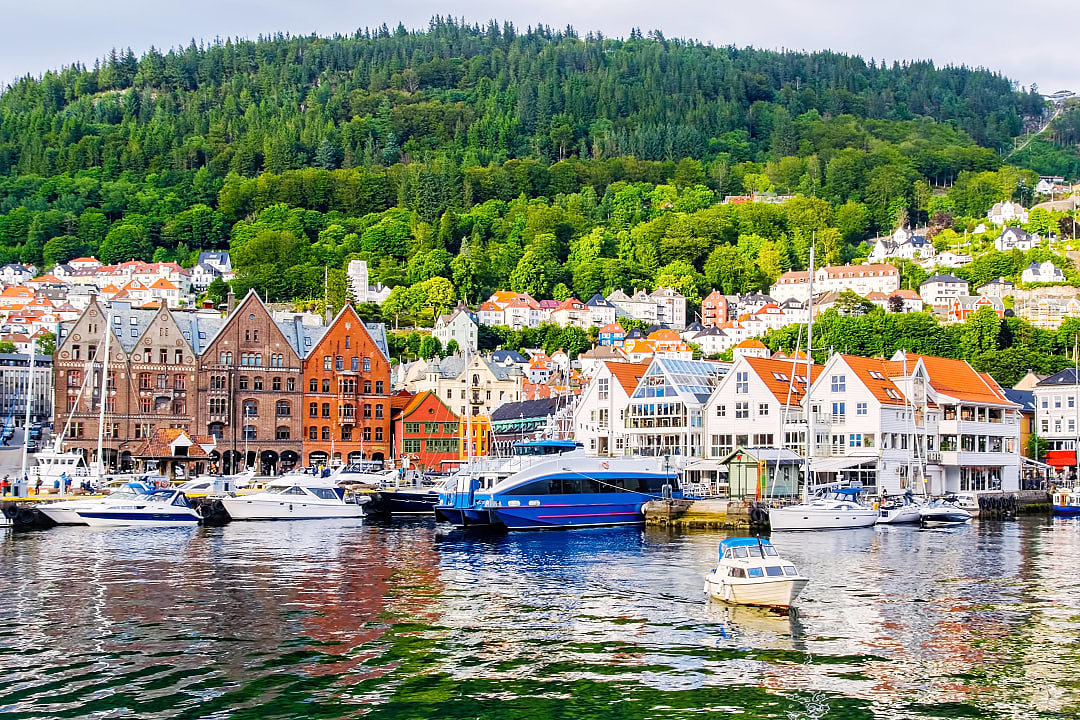 View of historical buildings and pier in Bergen, Norway