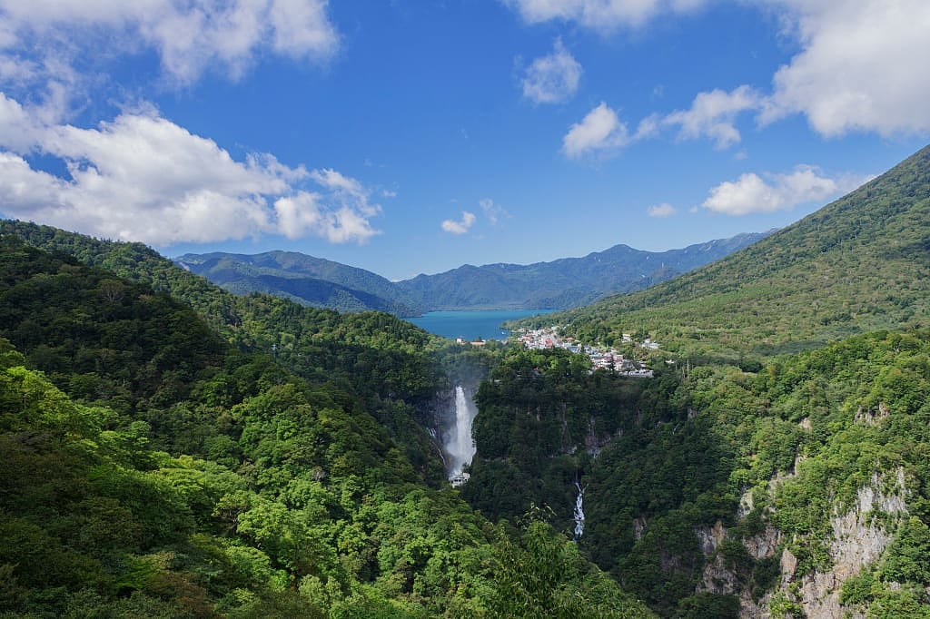 View of Kegon Falls and Lake Chuzenji in Nikko, Japan