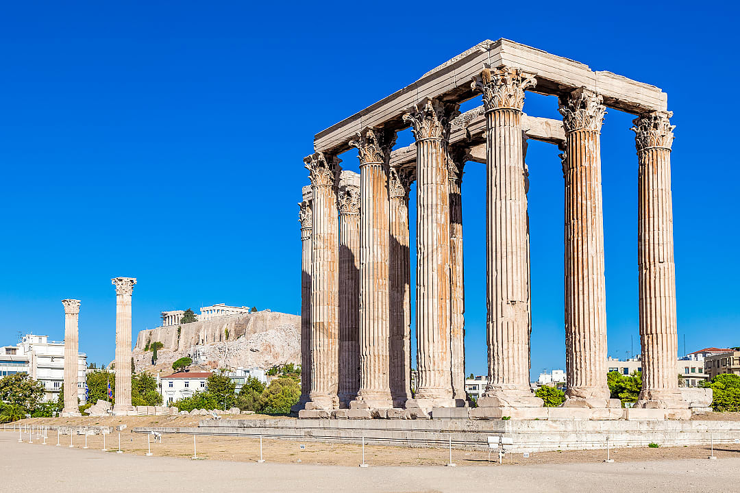 Temple of Zeus and the Acropolis Hill in Athens, Greece