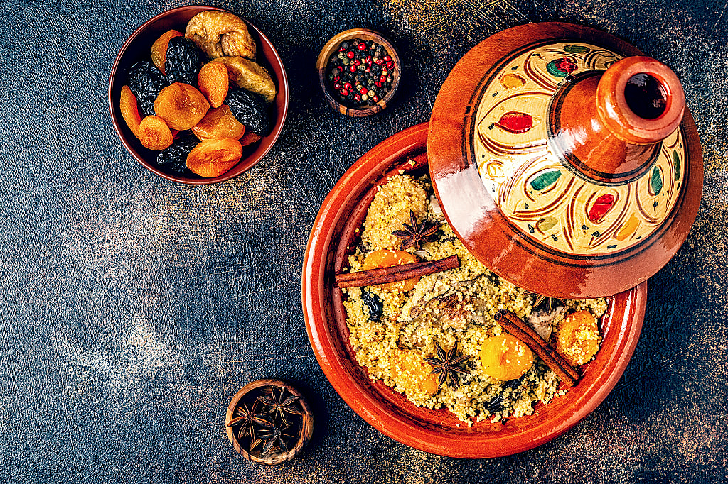 Traditional Moroccan tajine of chicken with dried fruits and spices