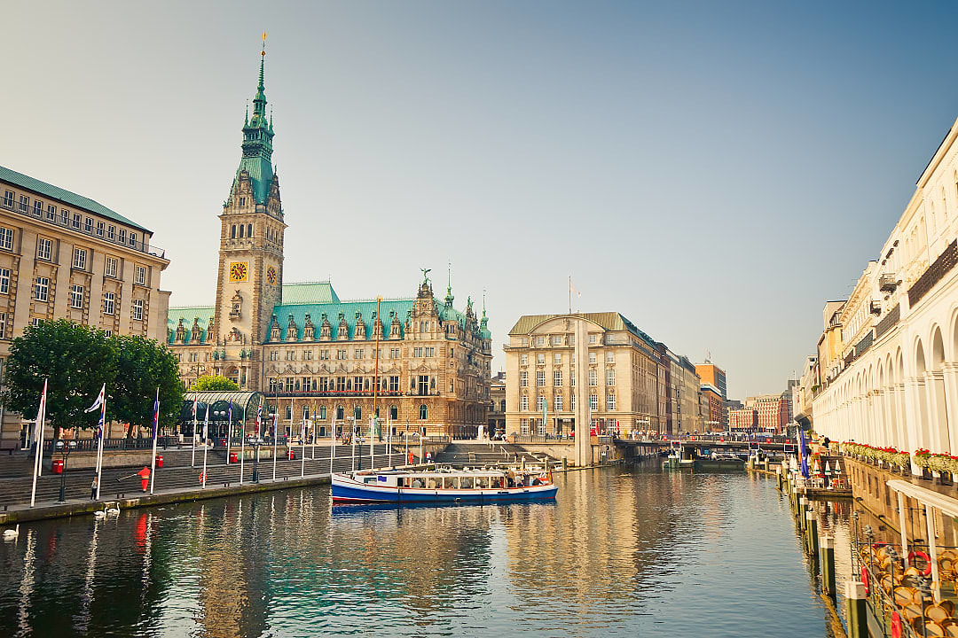 Hamburg city center with town hall and Alster river