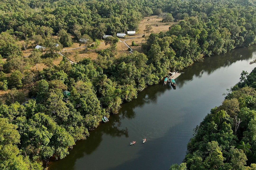 Kayakers on Prek Tachan river next to Cardamom Tented Camp in Koh Kong Province, Cambodia