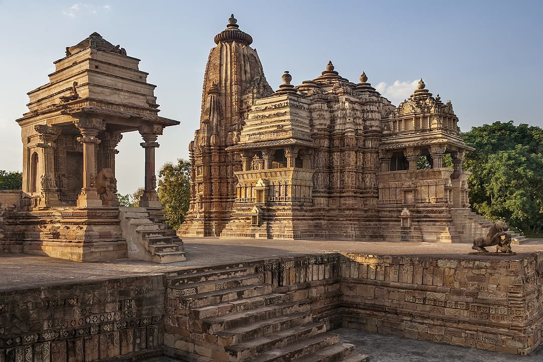 Ancient khajuraho temple complex with carved sandstone structures