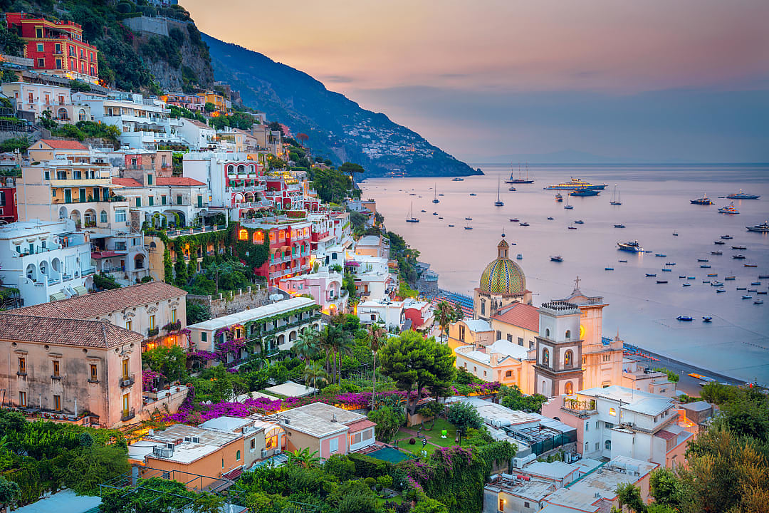 Positano at sunset on the Amalfi Coast, Italy