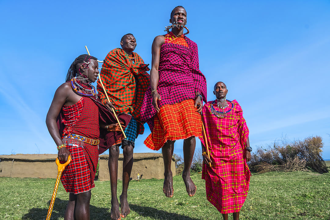 Maasai Mara men in traditional colorful clothing showing traditional Maasai jumping dance