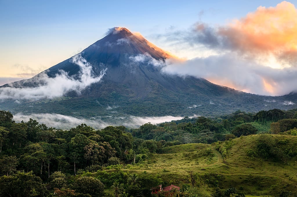 Scenic view of Arenal volcano in Costa Rica at sunrise