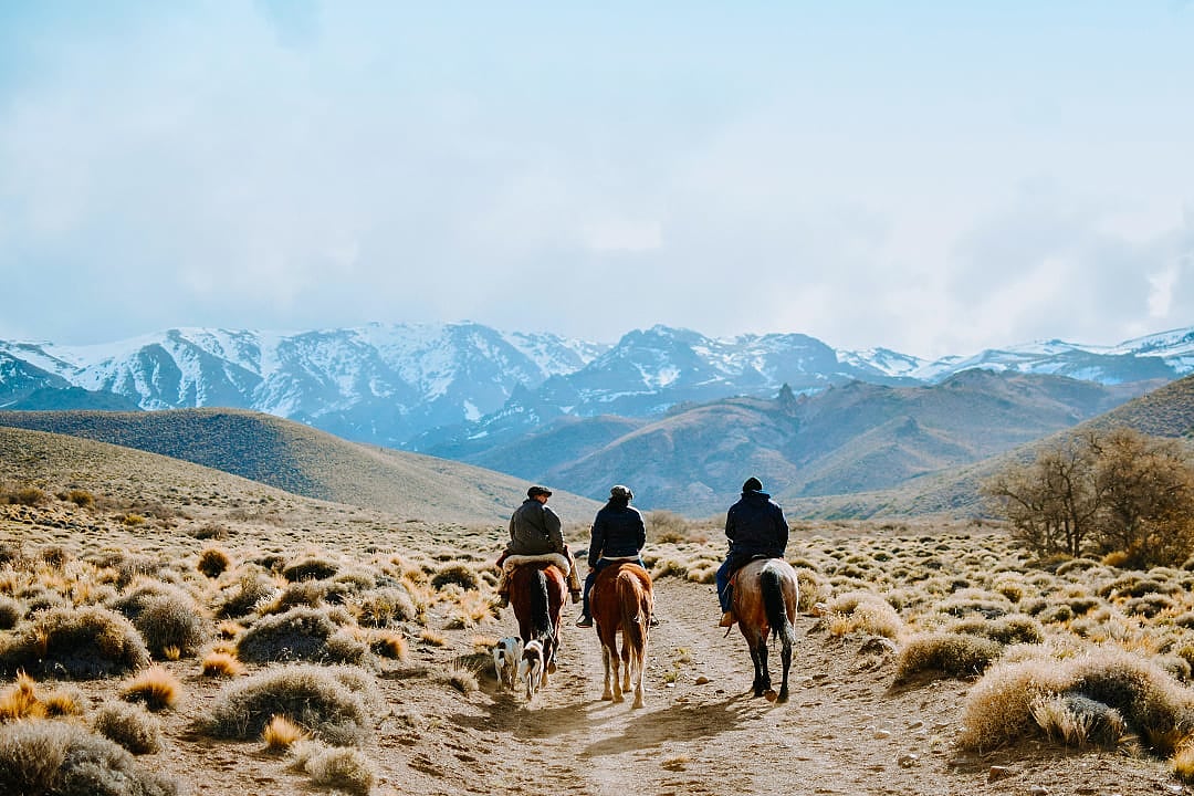 Three gauchos on horseback and a dog traverse the steppe in Argentine Patagonia with snowy mountains in view.