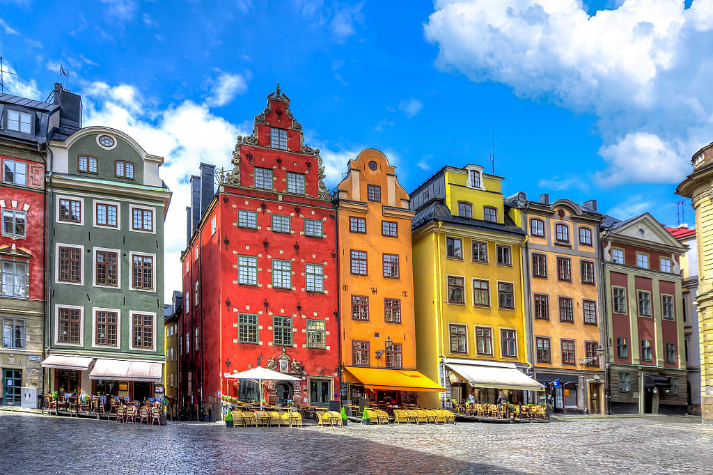 Cobble stone street and colorful buildings of Stockholms old town, Gamla Stan