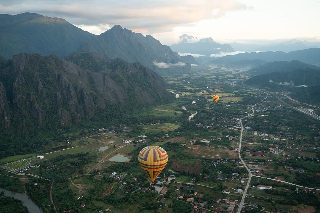 Hot air balloons over Vang Vieng in Laos