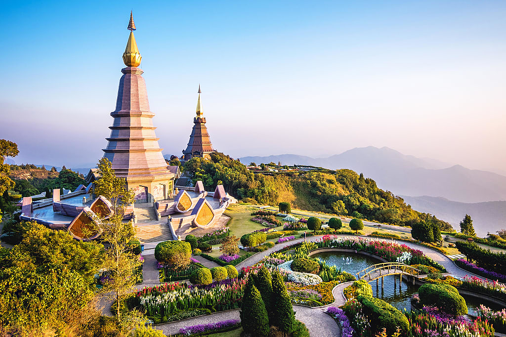 Twin pagodas and gardens at Doi Inthanon National Park  Doi Inthanon National Park in Chiang Mai, Thailand