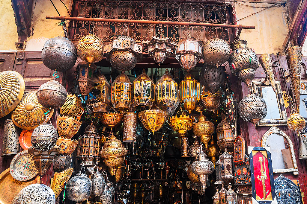 Traditional moroccan lamps on display at souk in fes, Morocco