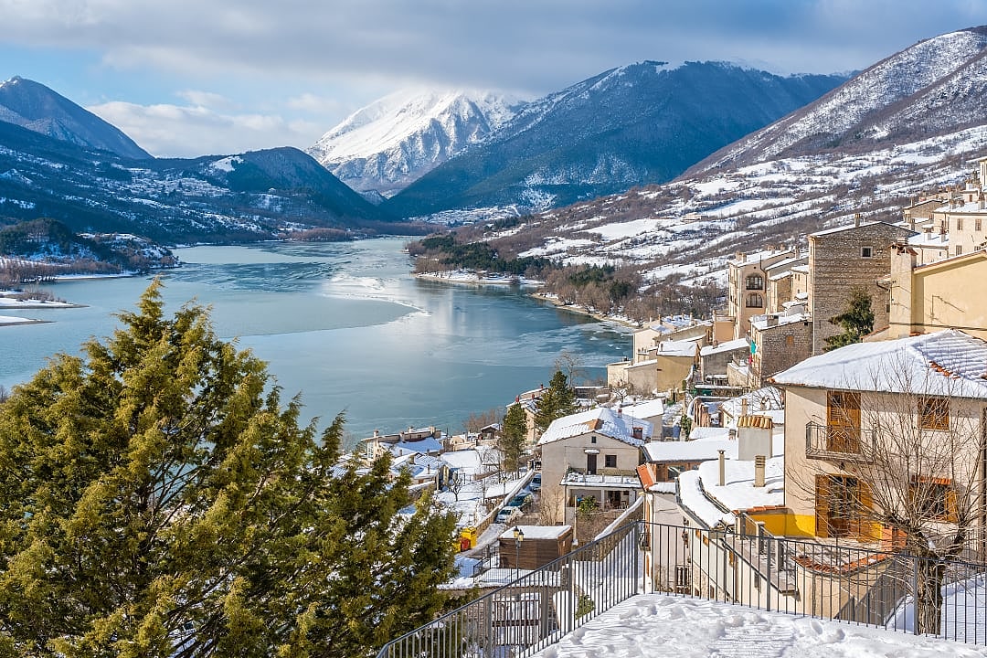 Panoramic view of Barrea during winter season in L'aquila, Abruzzo, Italy