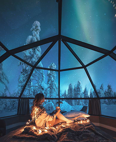 Woman in igloo cabin watches snowy forest and Northern Lights.