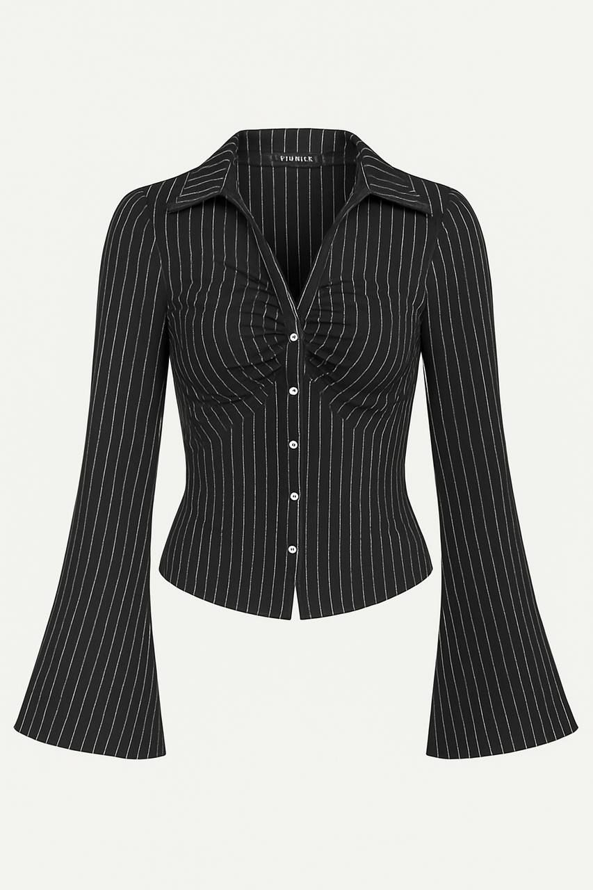 Black Pinstripe Ruched Blouse