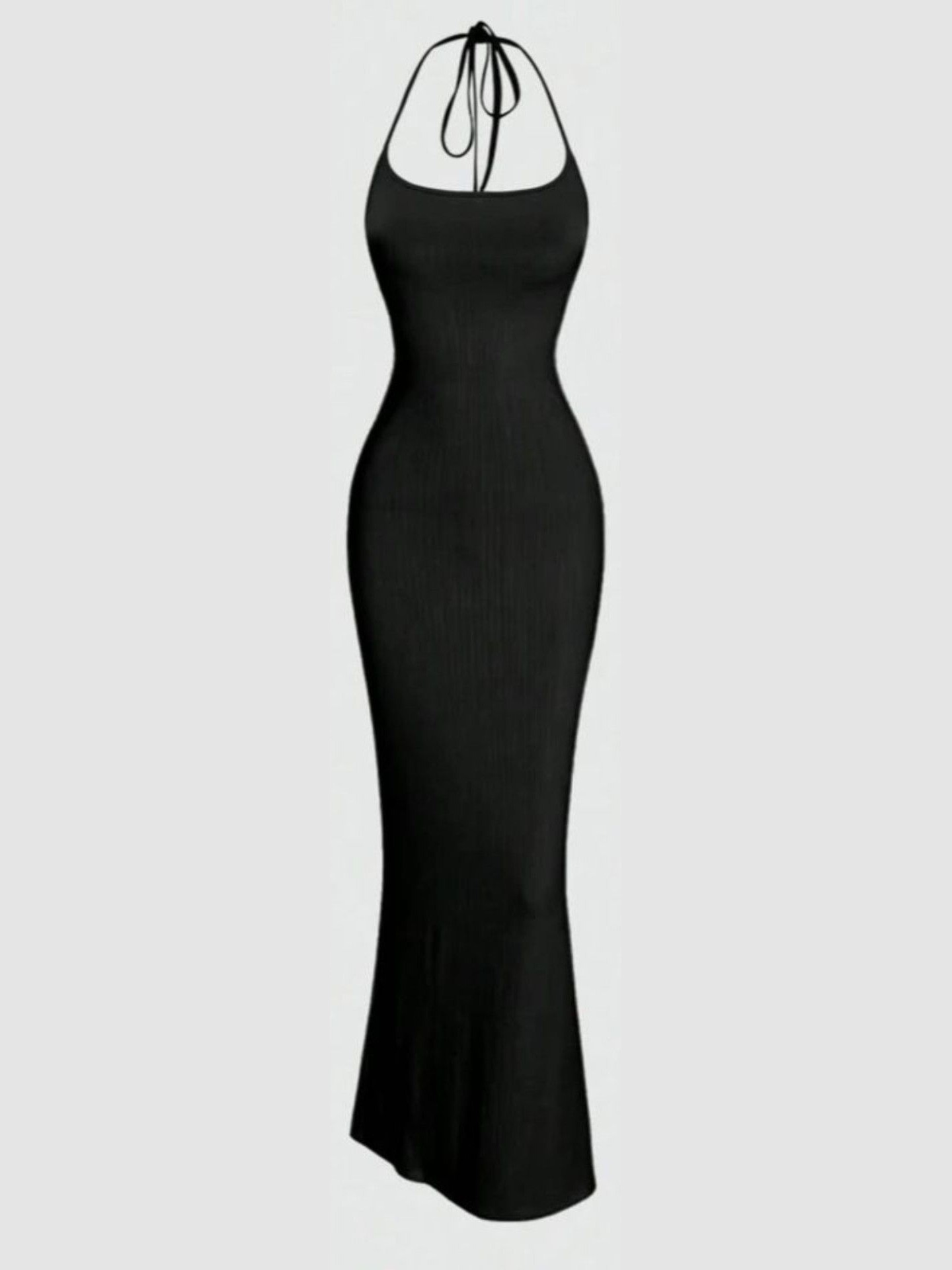 Black Ribbed Halter Tie-Back Dress