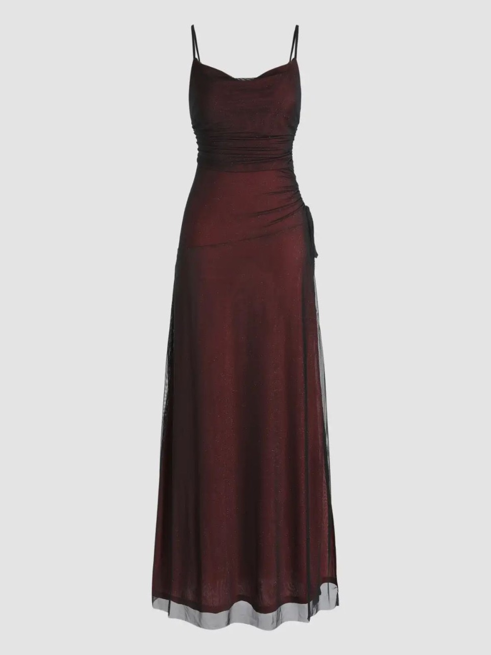 Burgundy Mesh Cowl Neck Slit Dress