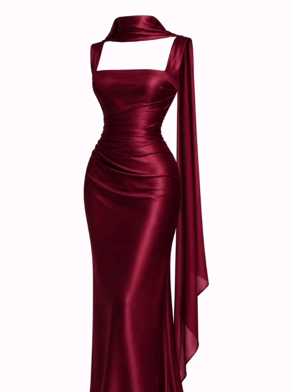 Burgundy Satin One-Shoulder Sash Gown
