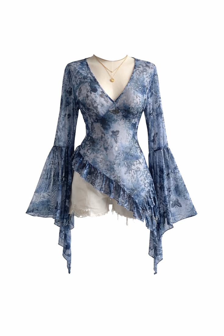 Denim Blue Floral Mesh Wrap Top