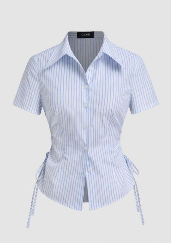 Light Blue Pinstripe Ruched-Side Blouse