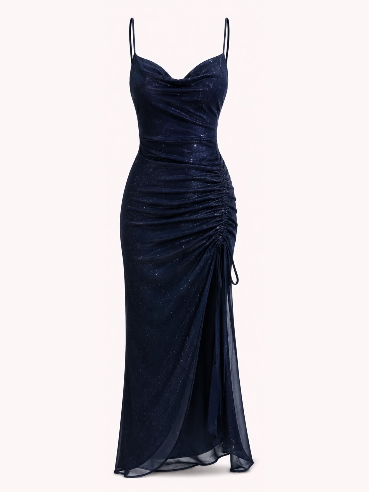 Navy Glitter Mesh Ruched Slit Dress