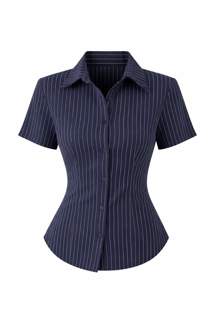 Navy Pinstripe Fitted Blouse