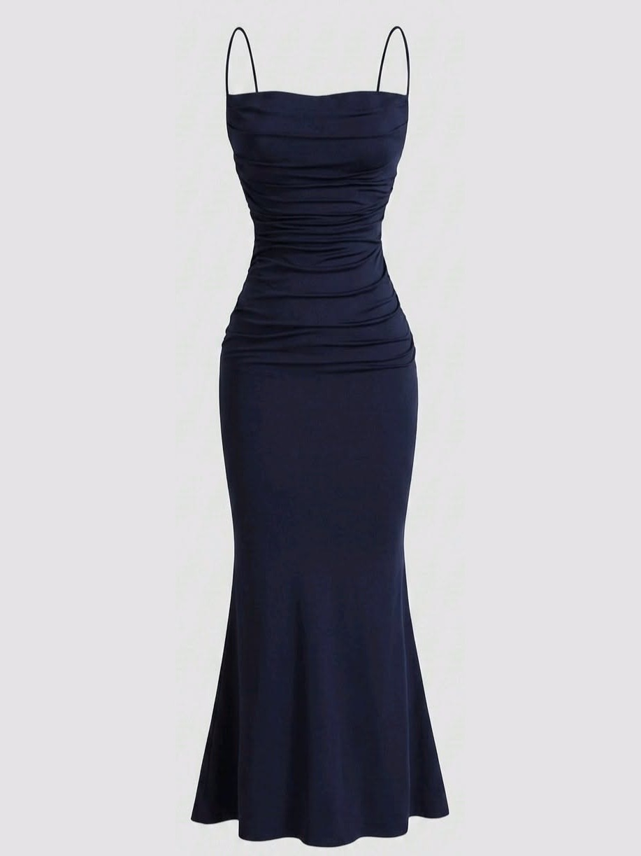 Navy Ruched Square Neck Mermaid Dress