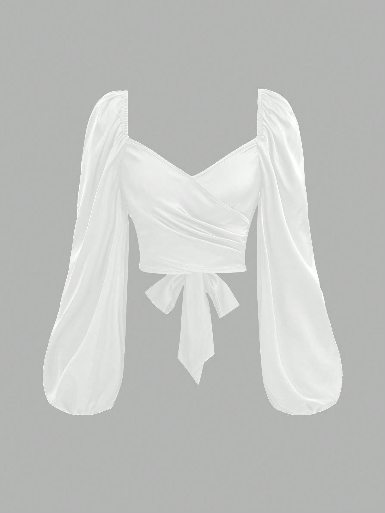 White Wrap-Front Puff-Sleeve Crop Top