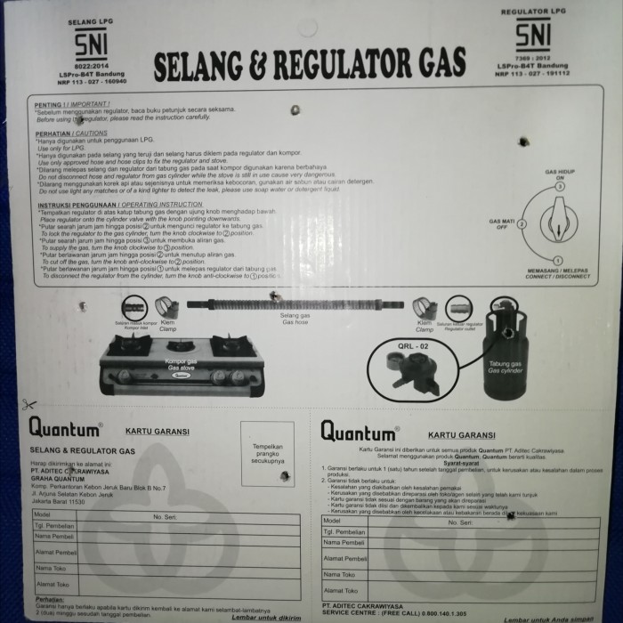Jual Regulator Gas Quantum QRL 022 (Set Kepala & Selang) (Kode 010)) di