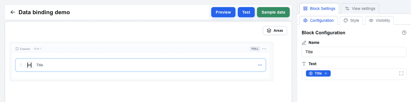 Title block on the canvas with the sidebar showing Block Configuration: Name 'Title' and a Text field that contains a single blue Data Picker tag labelled 'Title'. No curly-brace syntax is visible in the editor.