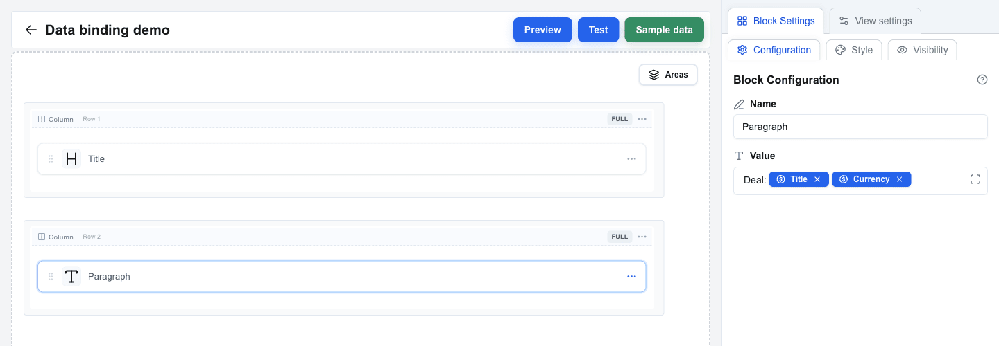 Paragraph block on the canvas with the sidebar showing Block Configuration: the Value field starts with the static text 'Deal:' followed by two blue Data Picker tags ('Title' and 'Currency') from the deal tab.