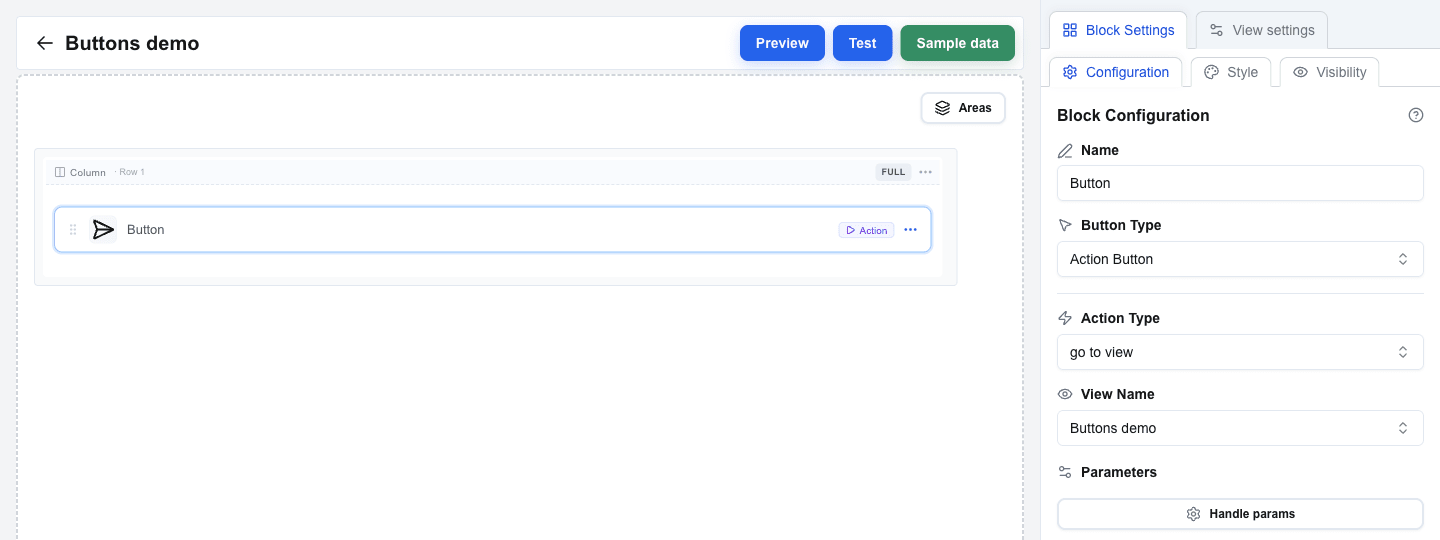 Block Configuration sidebar for an Action Button. Button Type is 'Action Button', Action Type is 'go to view', View Name is 'Buttons demo', and a Parameters section with a Handle params button appears below.