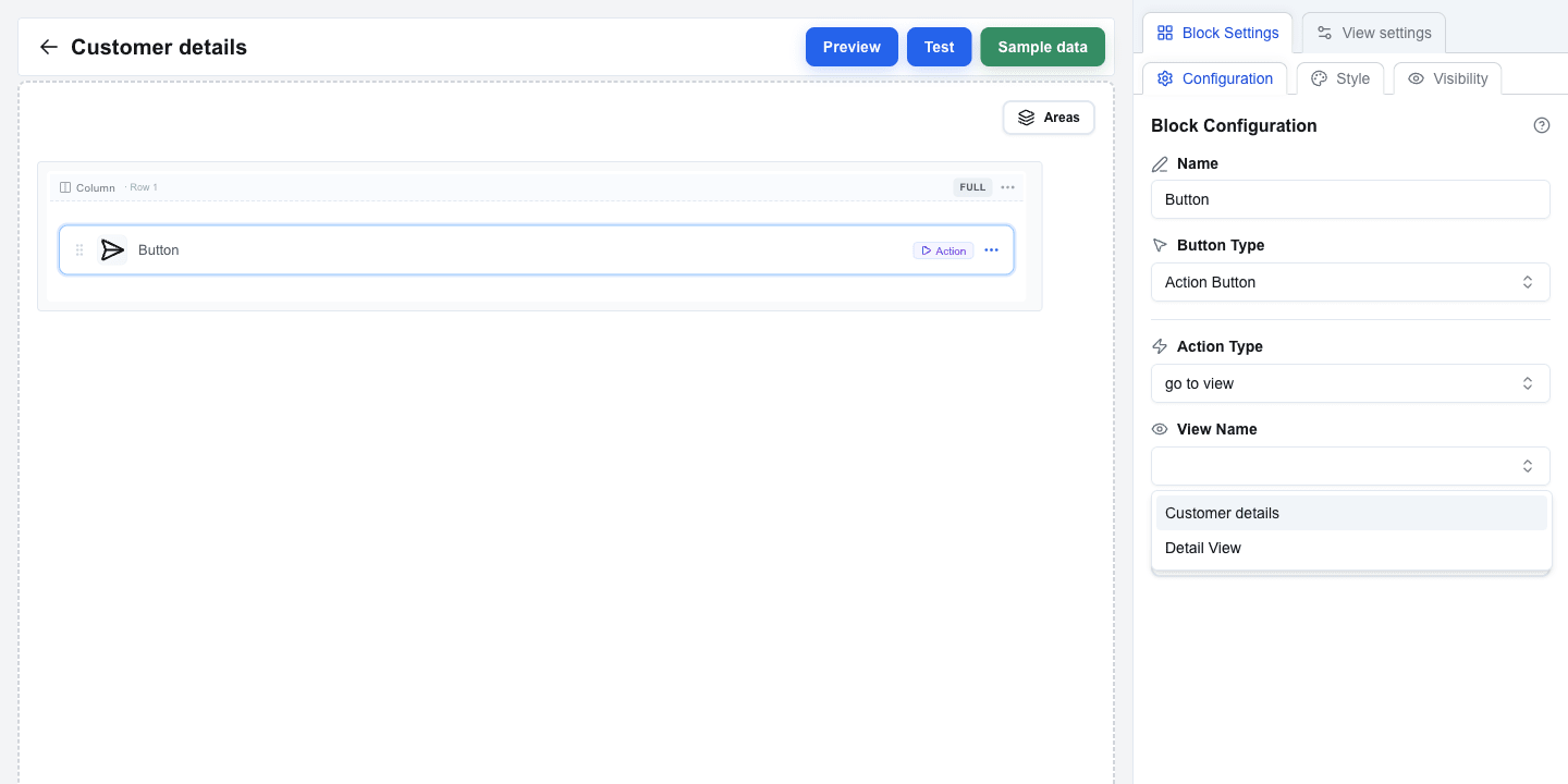 Block Configuration sidebar for an Action Button. Button Type is 'Action Button', Action Type is 'go to view', and the View Name dropdown is open showing 'Customer details' and 'Detail View' as available targets.