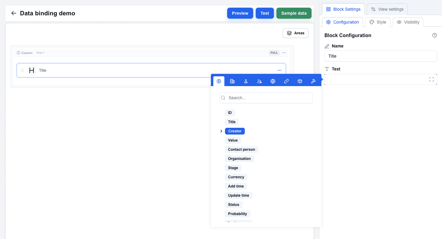 Title block selected on the canvas, Text field clicked in the Block Configuration sidebar, and the Data Picker tooltip open beneath it. The top row shows the eight icon-only tabs (Deal selected); below is a search field and a list of deal fields including ID, Title, Creator, Value, Contact person, Organisation, Stage, Currency, Add time, Update time, Status, and Probability.
