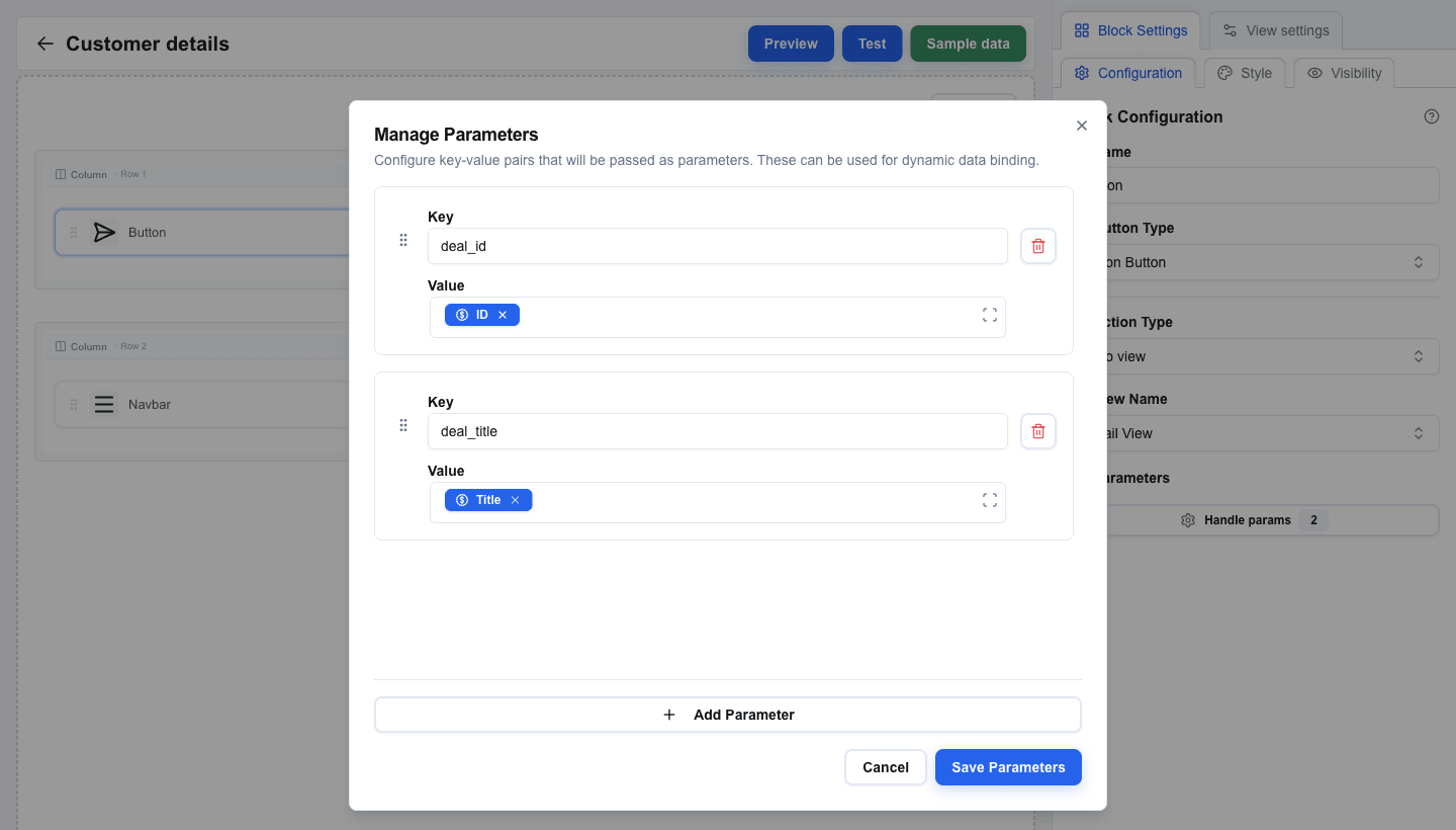 Manage Parameters dialog with two rows: deal_id paired with a blue Data Picker tag for the deal's ID field, and deal_title paired with a Data Picker tag for the Title field. Add Parameter, Cancel, and Save Parameters buttons sit at the bottom.