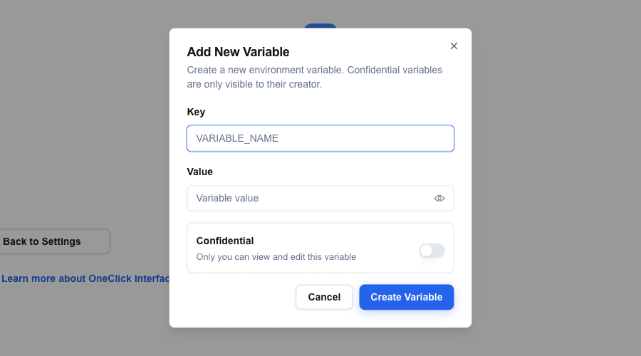 Add New Variable dialog with the description 'Create a new environment variable. Confidential variables are only visible to their creator.' Below it: a Key field (placeholder VARIABLE_NAME), a Value field with a show/hide eye toggle, a Confidential card with a switch (off), and Cancel / Create Variable buttons.