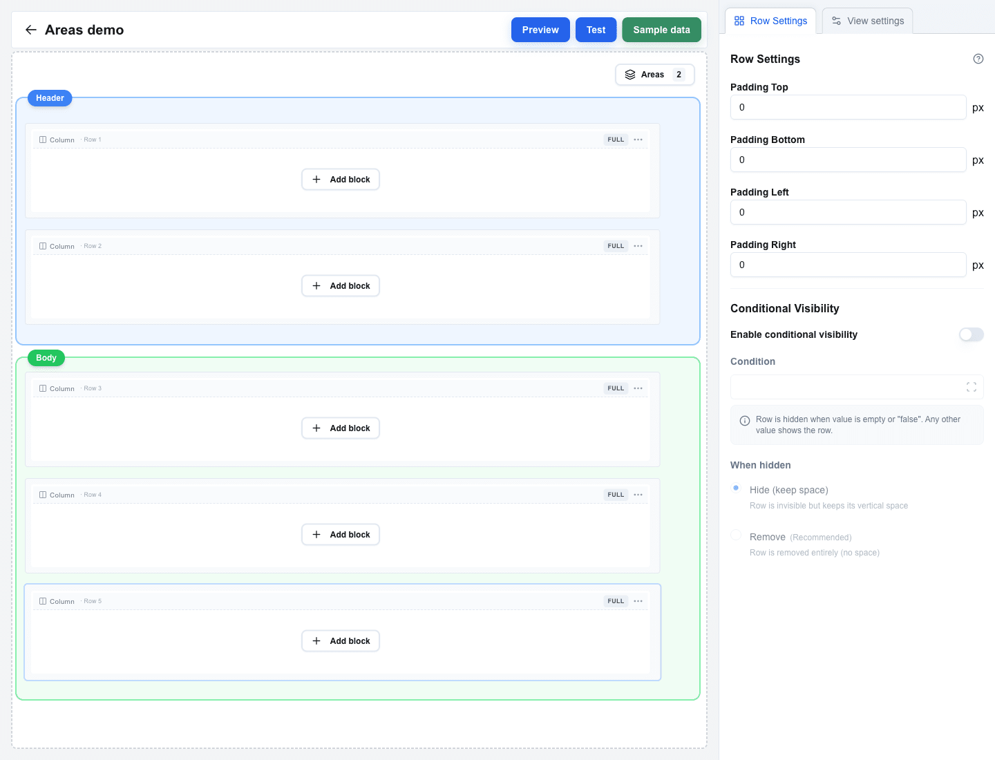 Builder canvas of the 'Areas demo' view with two areas: a blue 'Header' area covering Row 1 and Row 2 at the top, and a green 'Body' area covering Row 3, Row 4, and Row 5 below it. An 'Areas 2' button sits at the top-right of the canvas.