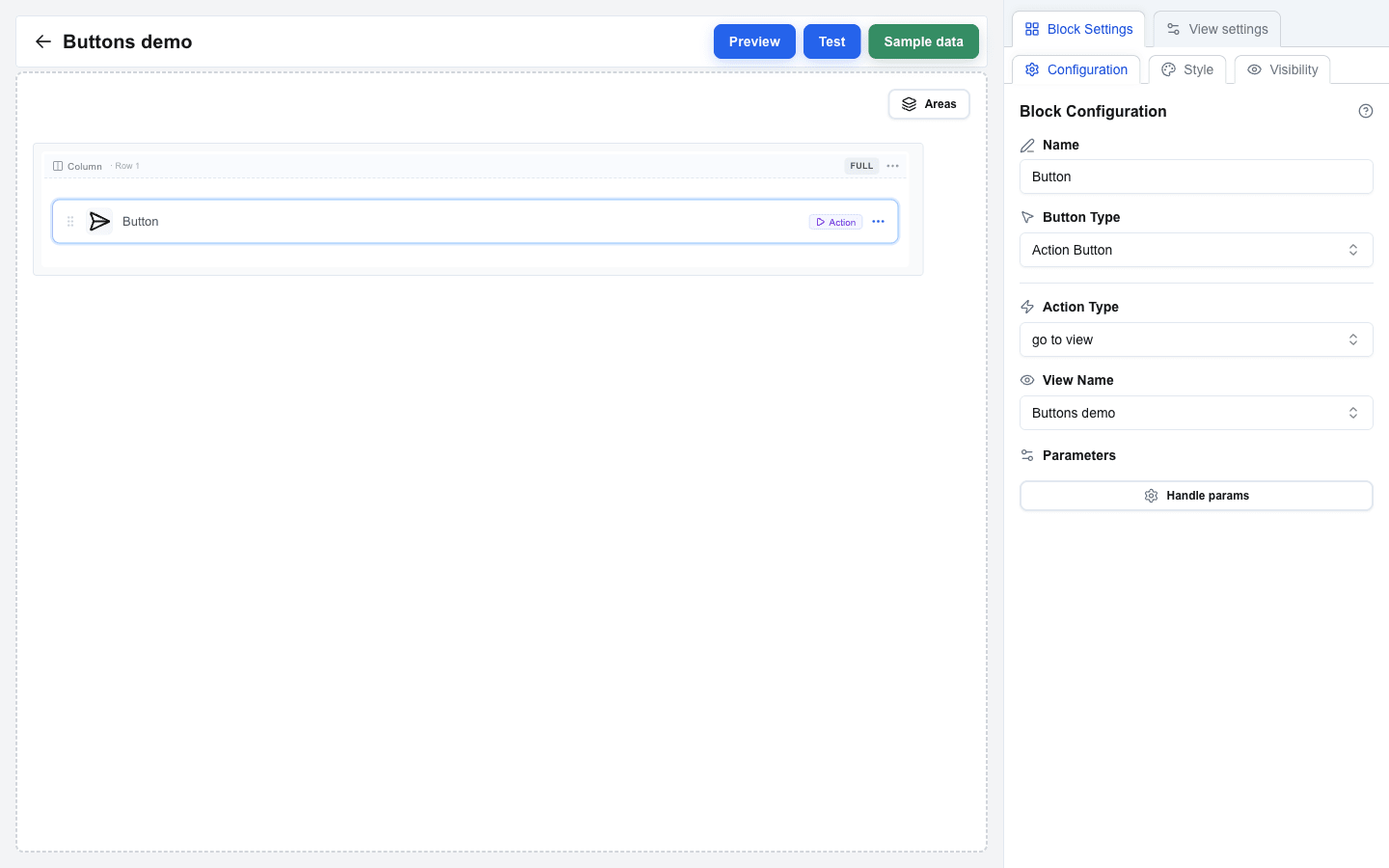 Builder view 'Buttons demo' with an Action Button selected on the canvas. The Block Settings sidebar shows Name 'Button', Button Type 'Action Button', Action Type 'go to view', View Name 'Buttons demo', and a Parameters section with a 'Handle params' button.