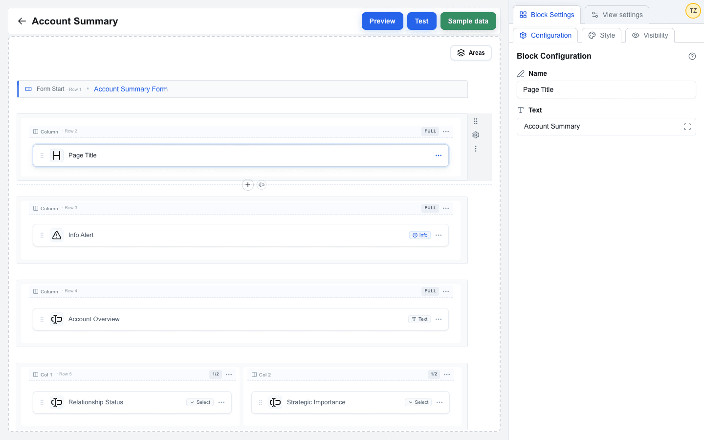The Interface Builder editor with the 'Account Summary' view open. The canvas shows a Form Start row 'Account Summary Form', a Page Title block, an Info Alert, an Account Overview Input, and a two-column row containing Relationship Status and Strategic Importance Inputs. The Block Settings sidebar on the right shows the Configuration sub-tab for the selected Page Title block (Name 'Page Title', Text 'Account Summary'). The top bar exposes Preview, Test, and Sample data buttons.
