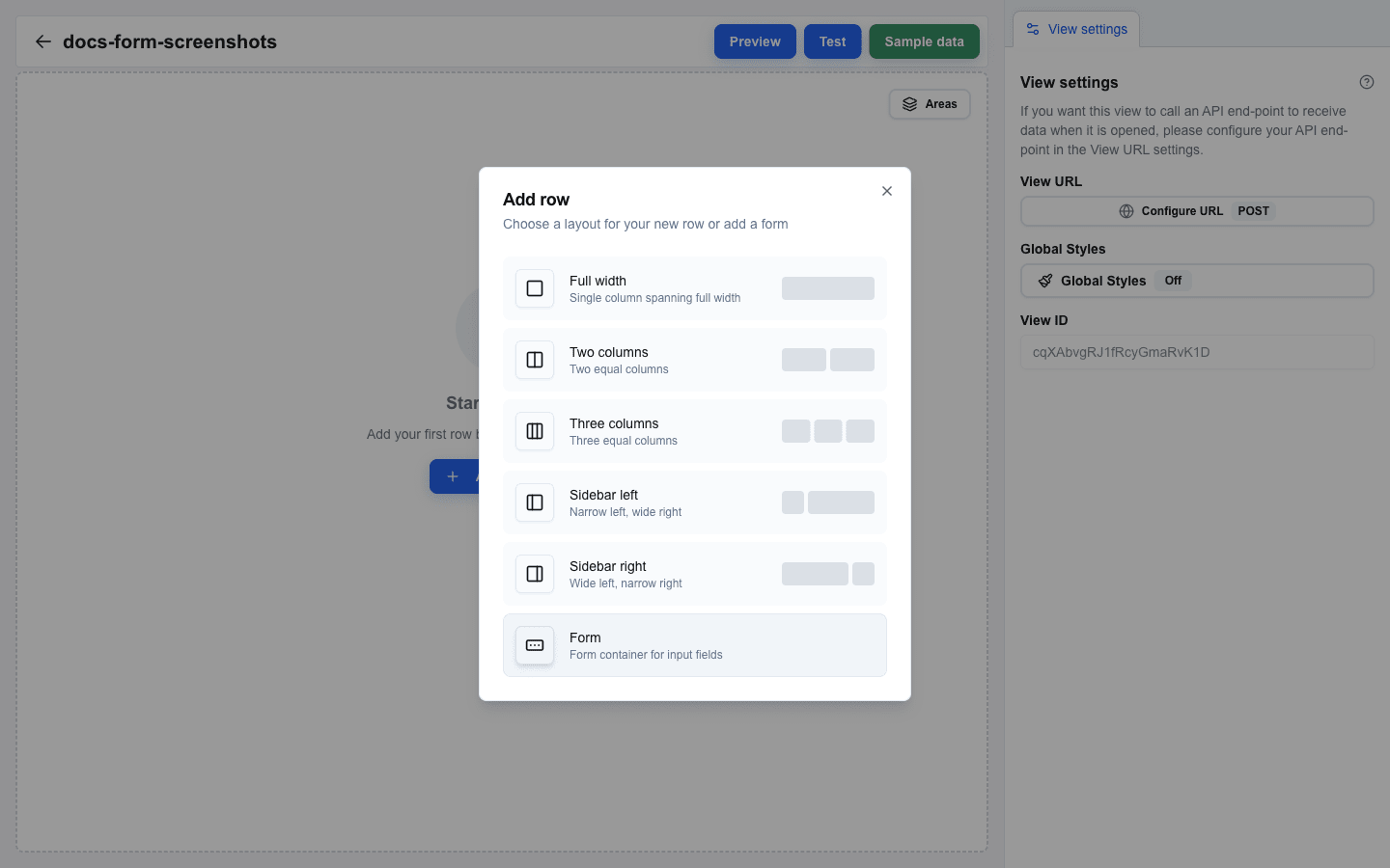 Add row dialog open on top of the empty canvas. Six layout options are listed vertically — Full width, Two columns, Three columns, Sidebar left, Sidebar right, and Form. The Form option is at the bottom and is highlighted with a hover state, with the description 'Form container for input fields'.