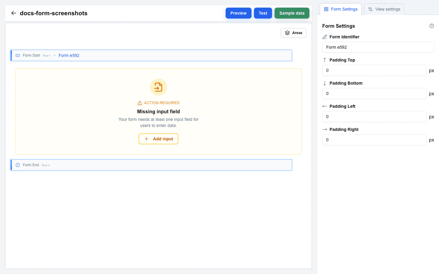 Builder canvas after adding a form. A blue 'Form Start · Row 1' marker sits at the top with a left-edge accent and a default identifier badge ('Form e592'). A matching 'Form End · Row 2' marker sits below. Between the two markers the empty form area shows the 'Action required: Missing input field' warning card. The Form Settings tab is open in the right sidebar.