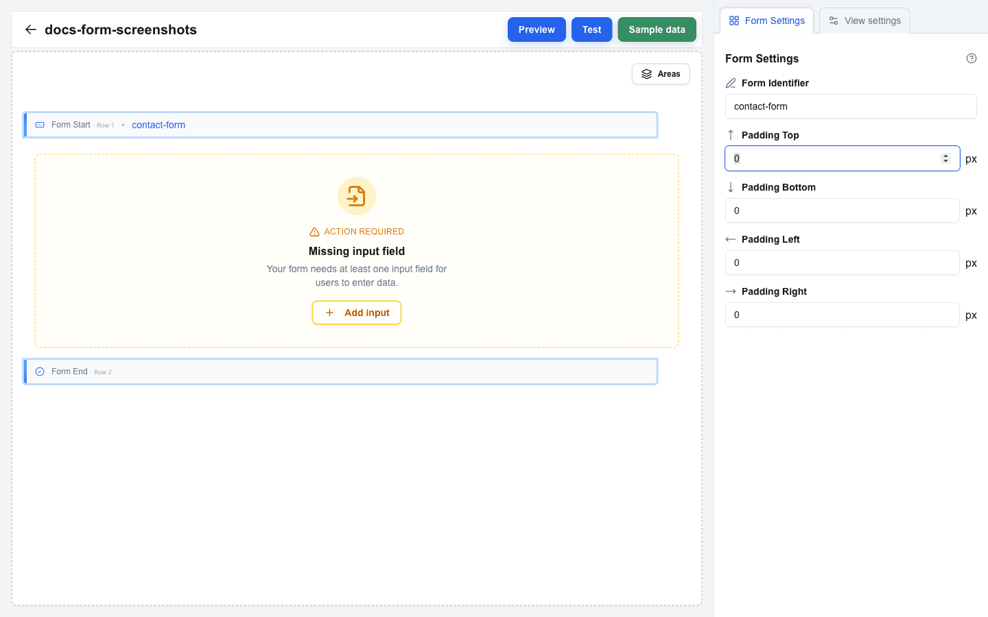 Form Settings tab open in the right sidebar with the Form Identifier field set to 'contact-form'. Padding Top, Bottom, Left, and Right inputs sit below at 0 px. On the canvas, the Form Start row now shows 'contact-form' as a badge next to the row label.