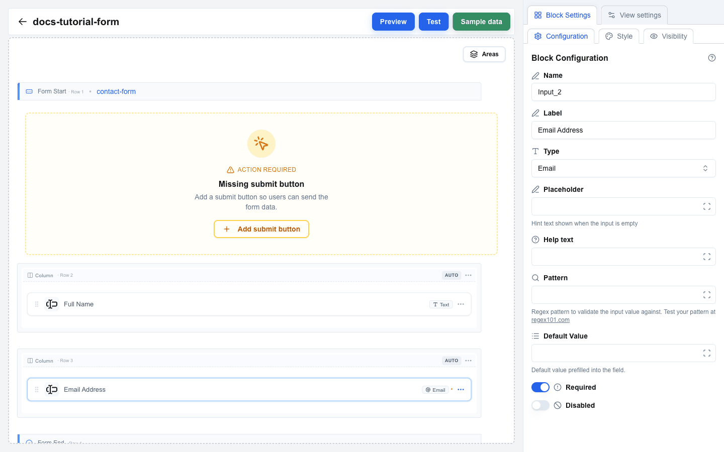 Builder canvas with the contact-form holding two input rows between Form Start and Form End. Row 2 is a Text input labeled 'Full Name'; Row 3 is an Email input labeled 'Email Address' (currently selected, with Required toggled on in the sidebar). The 'Missing submit button' warning sits between Form Start and the input rows.