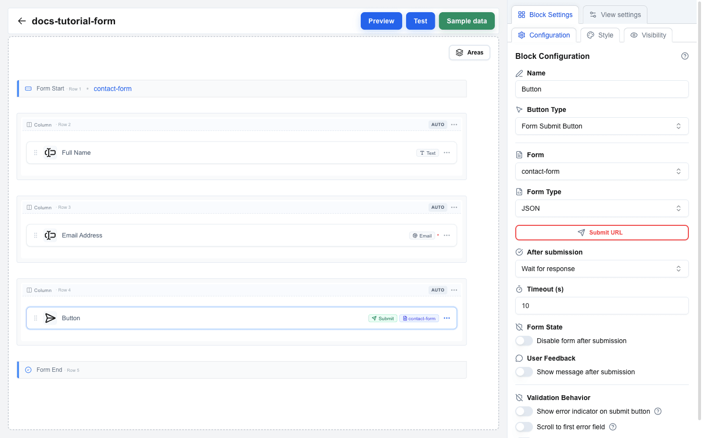 Block Configuration sidebar for the new Button block. Button Type is set to 'Form Submit Button' and the Form dropdown shows 'contact-form'. Below them, Form Type 'JSON', an empty Submit URL (highlighted in red because it has no value yet), After submission 'Wait for response', and Timeout '10' s are visible. The canvas on the left shows the full form: Form Start (contact-form), Full Name input, Email Address input, Button row, Form End.